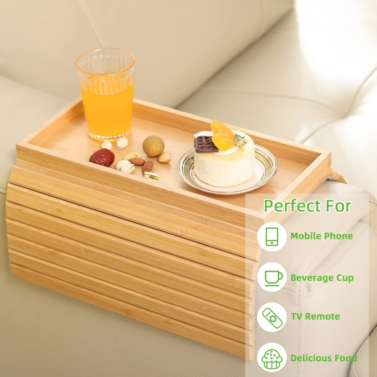 Combohome Foldable Bamboo Sofa Tray Table for Couch, Sofa Armrest Anti-Slip Clip On Tray  Cup Holder for Snacks Phone Control