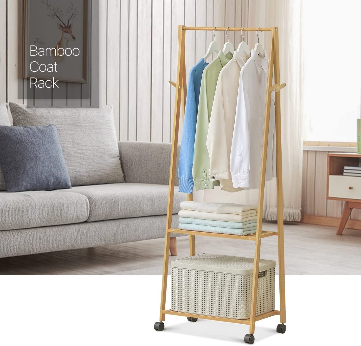 Combohome Factory Supply Natural Bamboo Kids Clothing Rack with Storage Shelf & Double Hanging Rods for Small Space