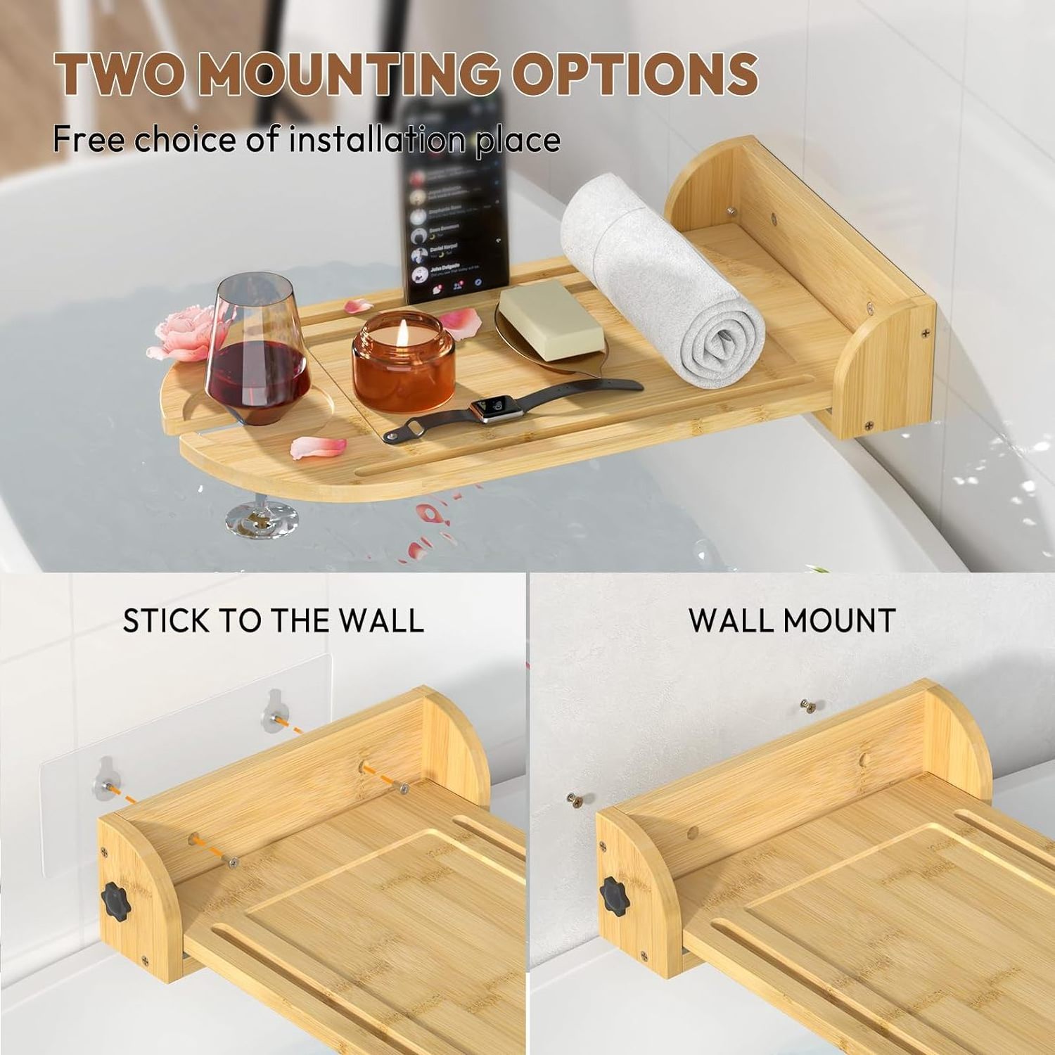 Combohome Wall Mounted Bathtub Tray Table, Bamboo Bath Tray Caddy for Tub Against Wall, Floating Bath Table Tray Shelf Tub Organ