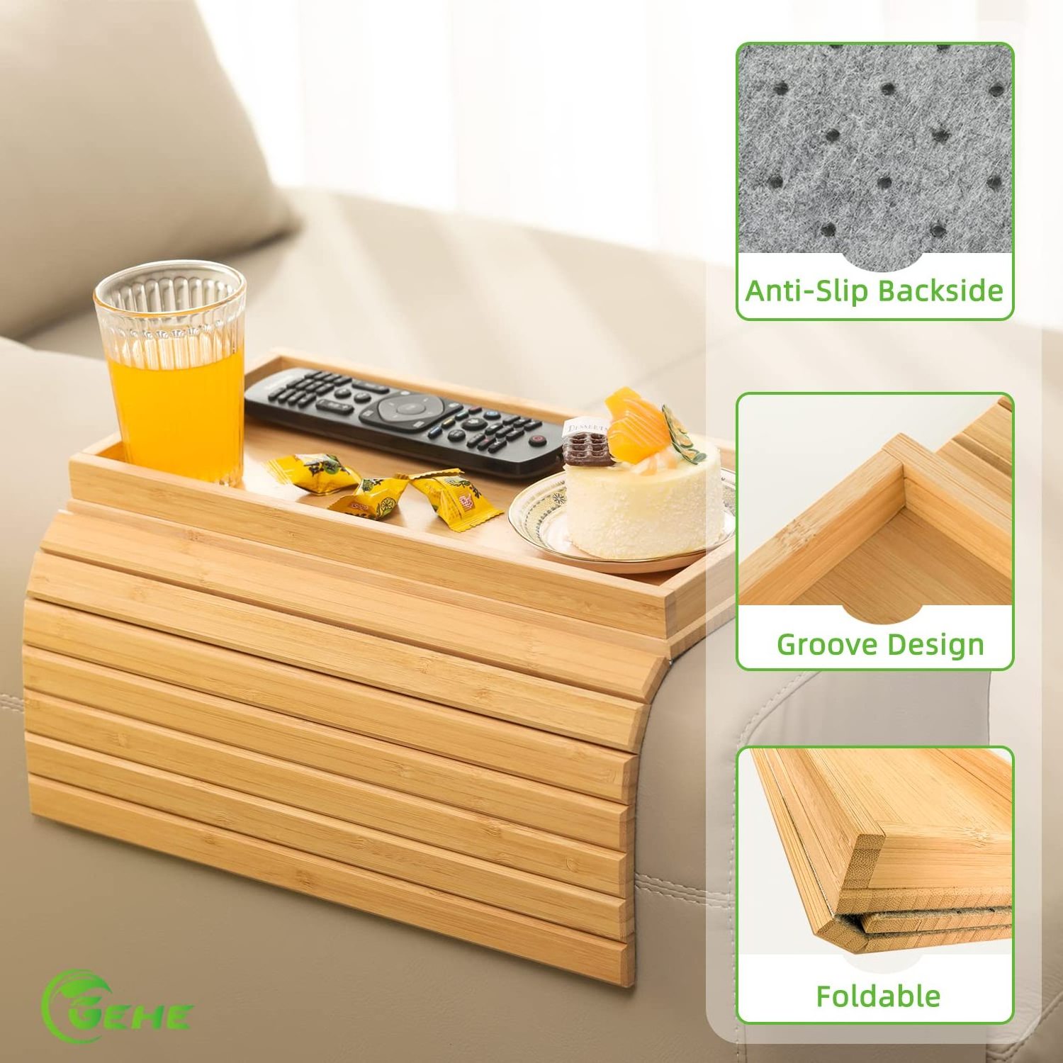 Combohome Foldable Bamboo Sofa Tray Table for Couch, Sofa Armrest Anti-Slip Clip On Tray  Cup Holder for Snacks Phone Control