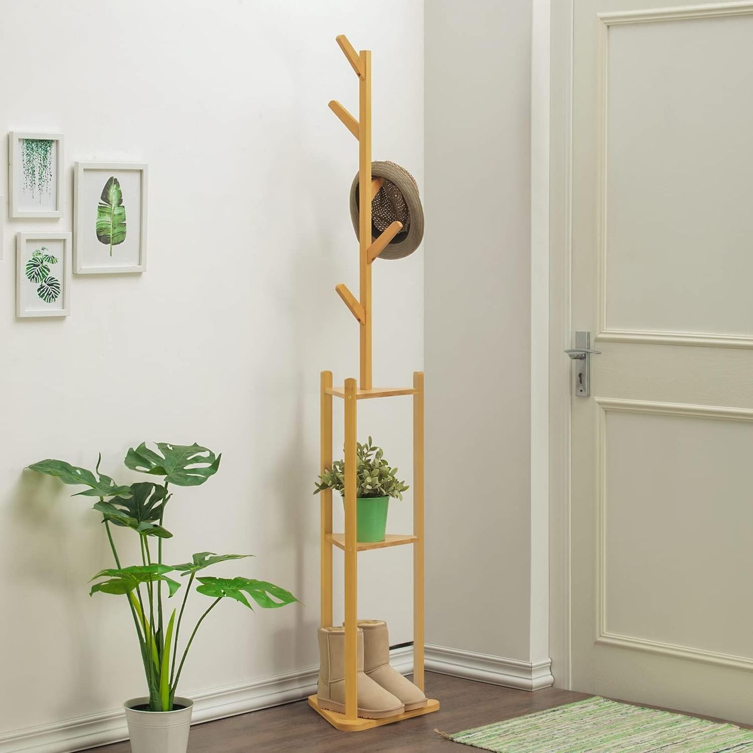 Combohome Coat Stand with Shelves, Bamboo 3-Tier Hall Tree Storage Organizer with Hooks for Bedroom Laundry Room