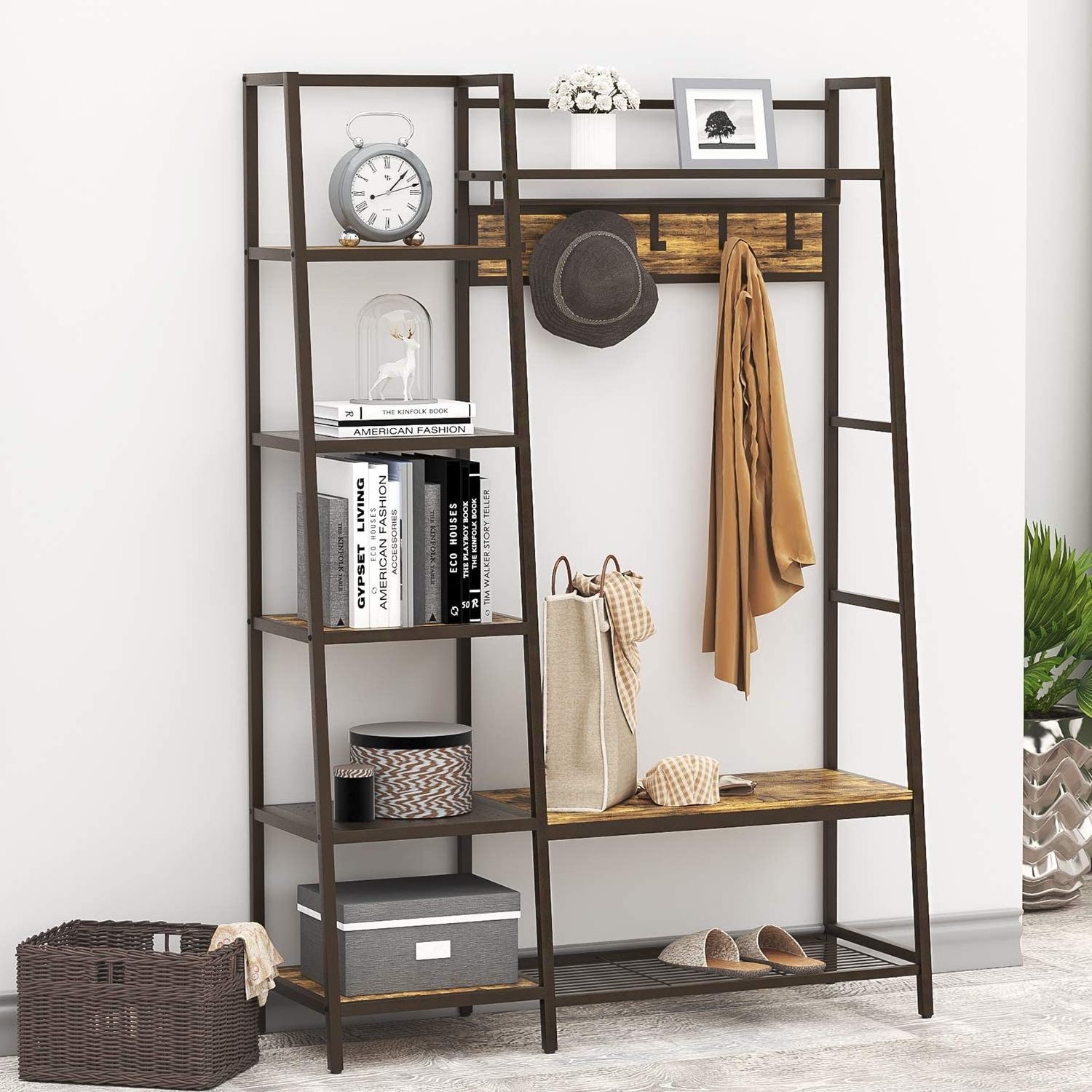 Combohome Wooden Entryway Coat Rack Shoe Bench 4-in-1 Industrial Hall Tree with 5 Tier Storage Shelves 5 Removable Hooks