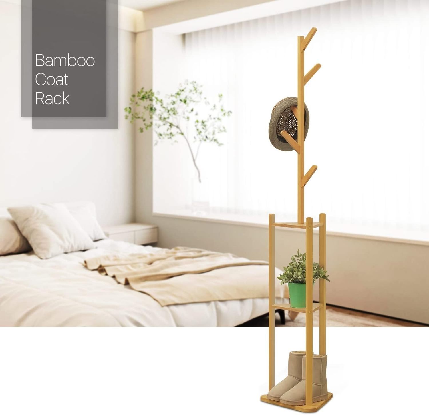 Combohome Coat Stand with Shelves, Bamboo 3-Tier Hall Tree Storage Organizer with Hooks for Bedroom Laundry Room