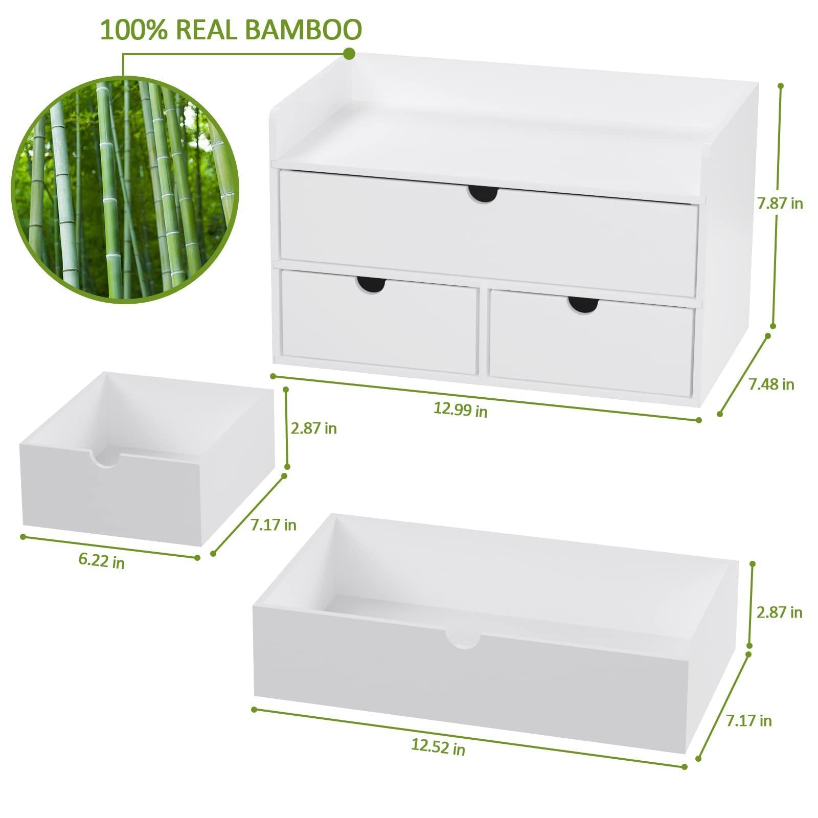 White Bamboo Desk  Cosmetics Drawer Organizer  Wood Paper storage Holder for Office Supplies  Mini Desk Makeup Organizer