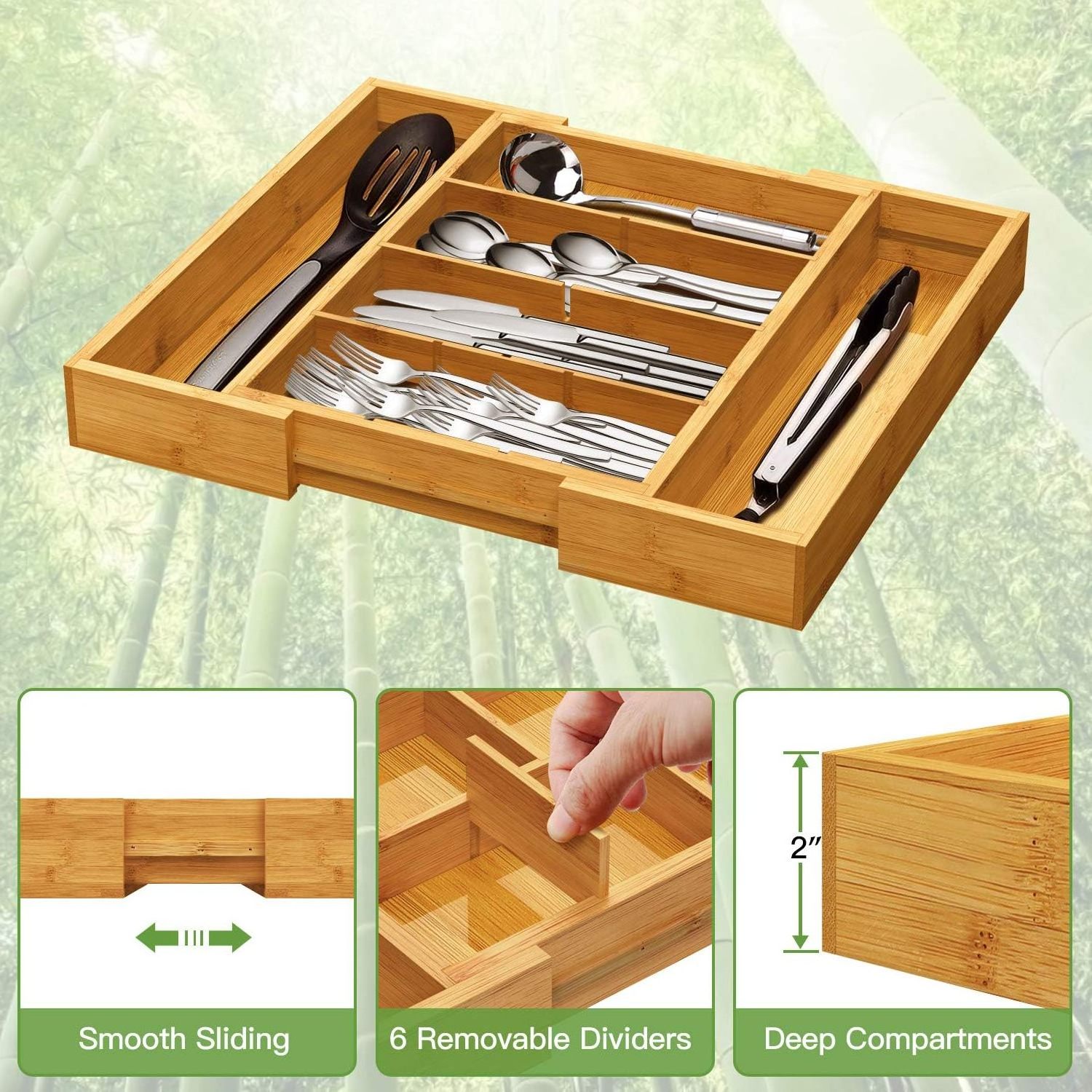 Combohome Utensil Drawer Organizer Cutlery Tray Desk Drawer Organizer Silverware Holder Kitchen Knives Tray Bamboo Rectangle