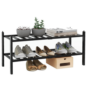 Combohome  Bamboo Small Shoe Racks  2 Tier Stackable Shoe Shelf   Free  Standing Sturdy Black Shoes Organizers for Entryway