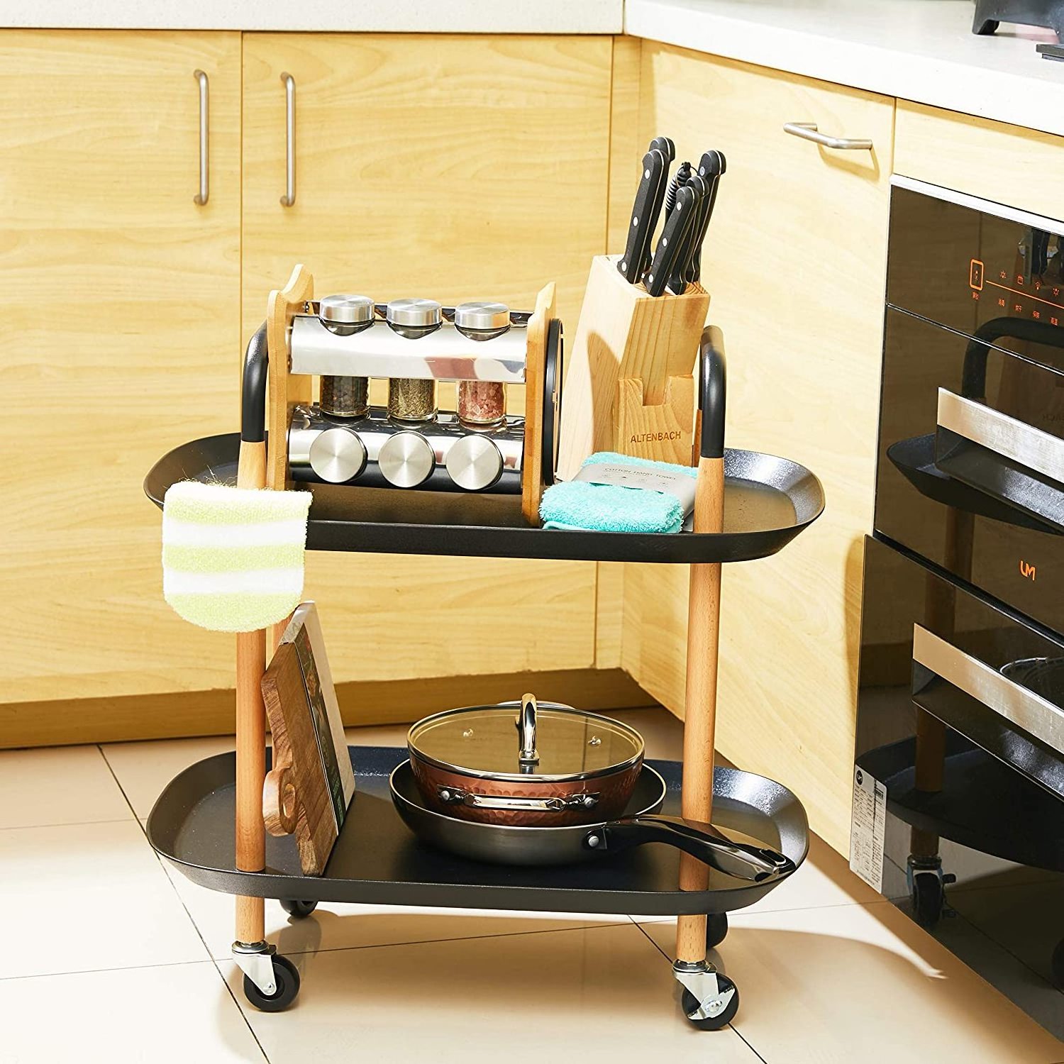 Combohome Movable Kitchen Island Trolley Black Storage 2 Tier Metal Utility Rolling Cart Wood With 4 Wheels