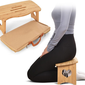 Combohome Bamboo Folding Yoga Meditation Bench with Kneeling Meditation Bench Kneeling Stool