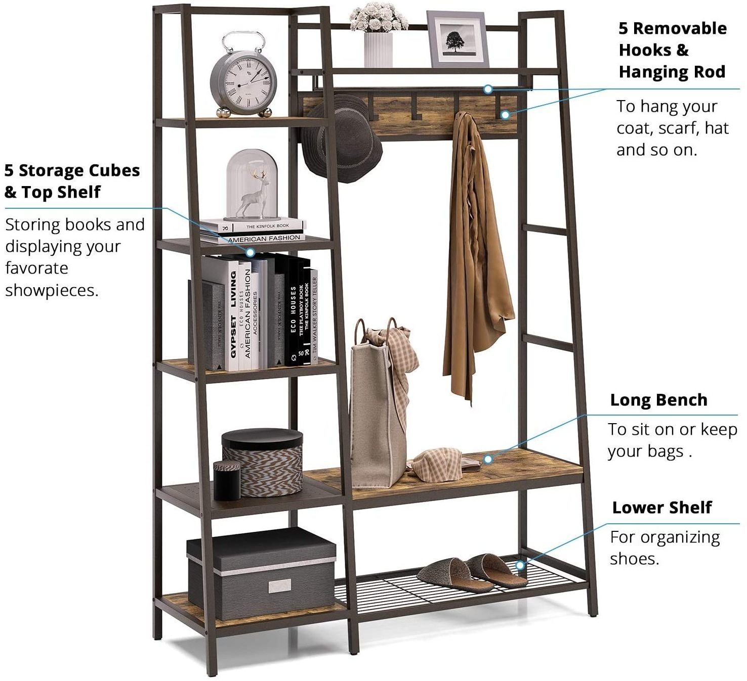 Combohome Wooden Entryway Coat Rack Shoe Bench 4-in-1 Industrial Hall Tree with 5 Tier Storage Shelves 5 Removable Hooks