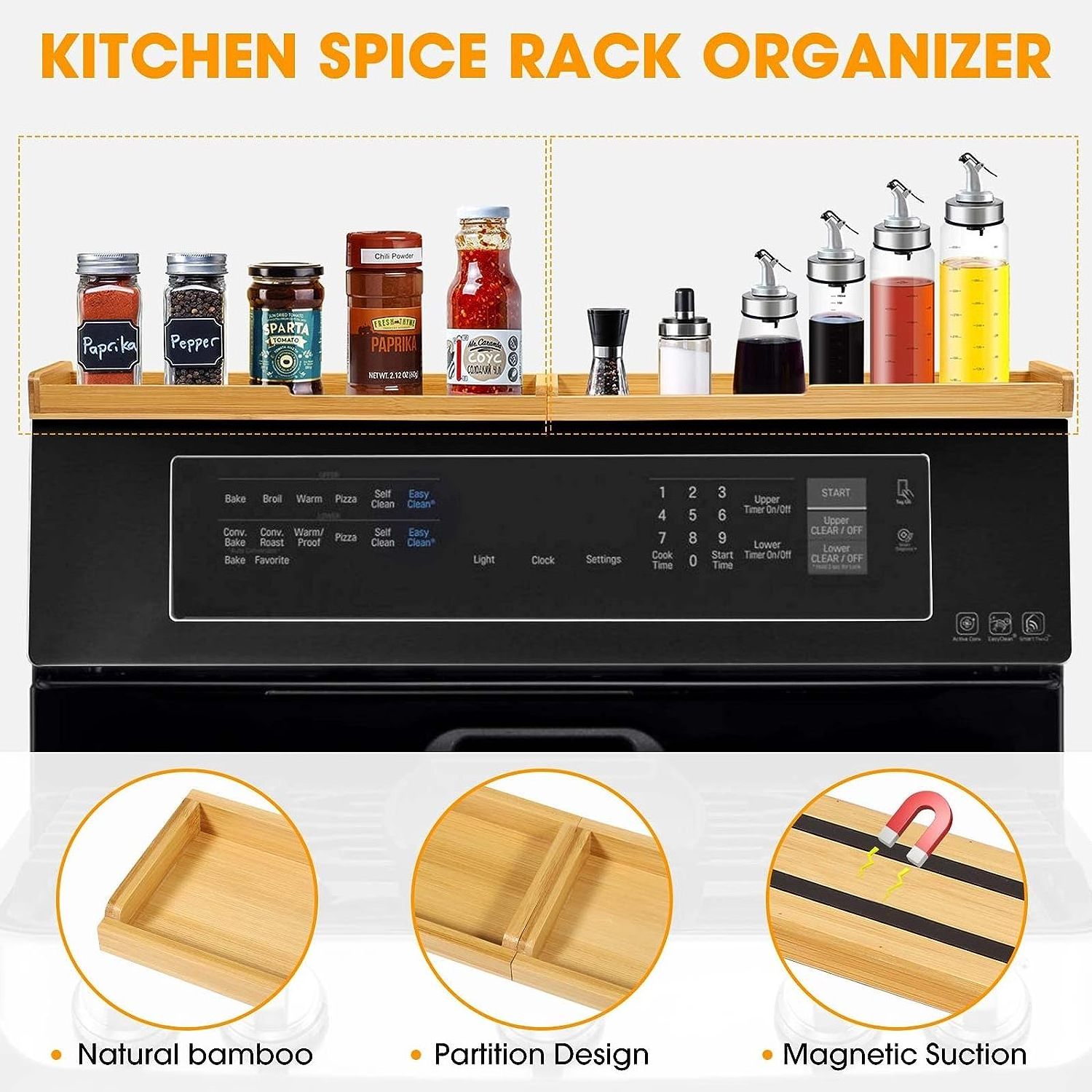 Combohome Bamboo Stove Top Magnetic Shelf with Labels Kitchen Organizer Over the Stove Spice Rack