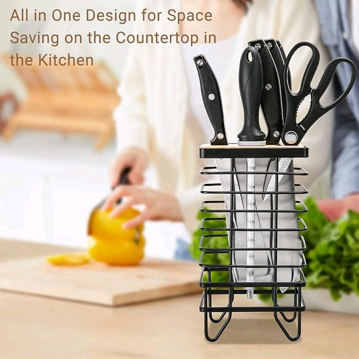 Combohome Hollow Out Stainless Steel Knife Block Holder Wood Metal Universal Kitchen Knife Rack Dry Storage Stand