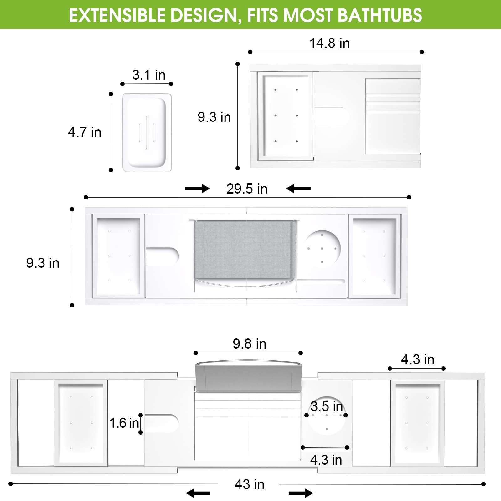 Combohome White Luxury Bathtub Caddy Tray Bamboo Expandable Bath Table  with Book Stand, Foldable Bath Tub Shelf for Home Spa