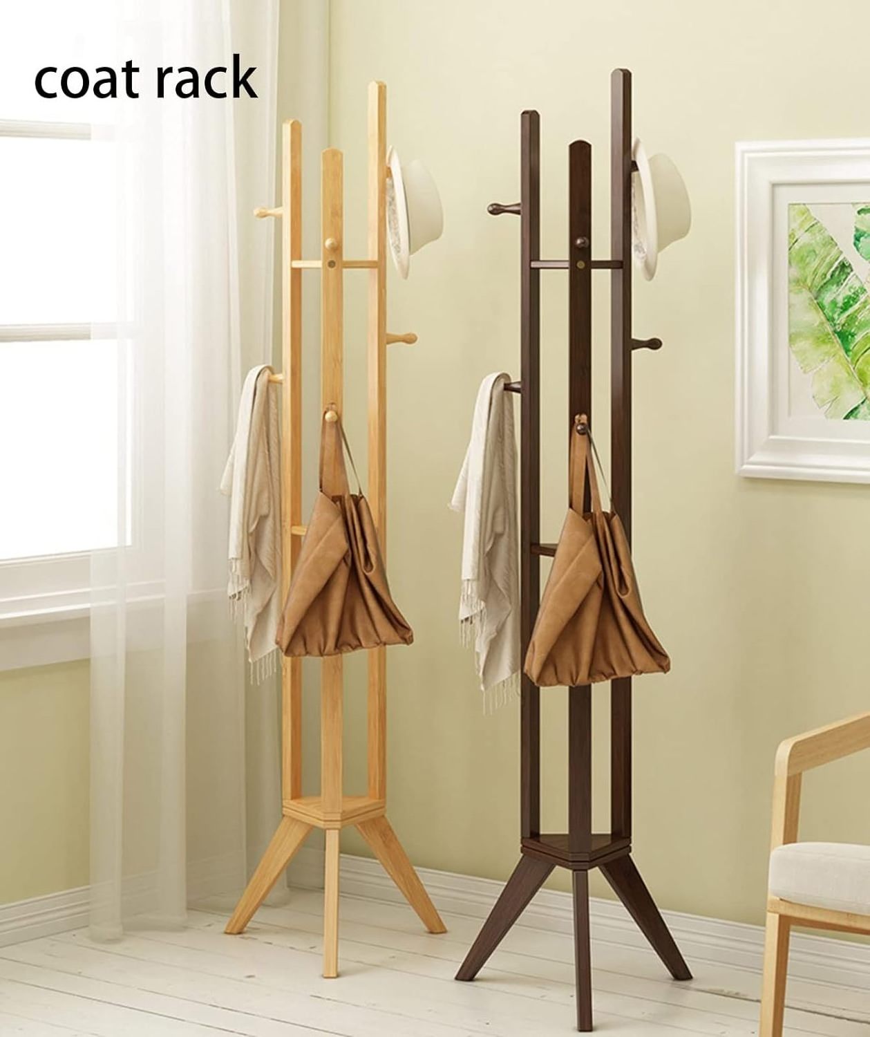 Combohome Coat Hanger Stand Coat Rack Freestanding Bamboo Coat Rack Tree with 6 Hooks for Clothes Hats and Bags