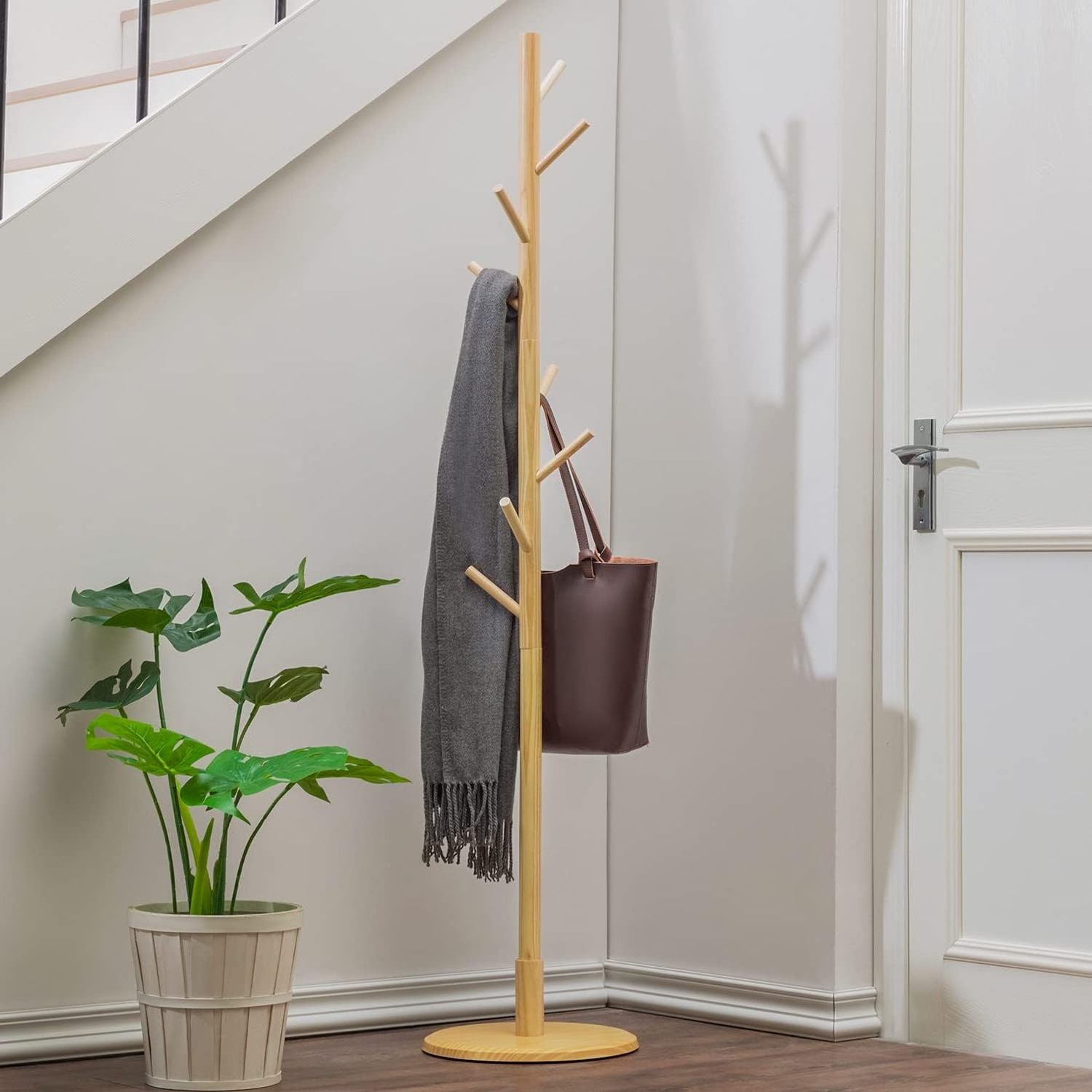 Combohome Coat Rack Freestanding, Wooden Rack Stand Hanger with 8 Hooks Enterway Free Standing for Hanging Coats