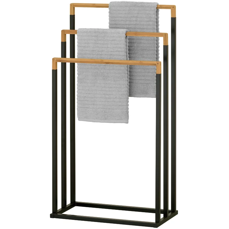 Combohome 3 Tier Bamboo Towel Rack Stand,Free Standing Blanket Rack with Bottom Storage Shelf Pool Standing Towel Rack