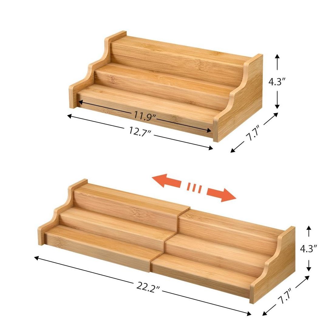 Combohome Hot Kitchen Step Shelf 3 Tier Bamboo Expandable Display Wood Spice Rack Organizer for Cabinet Spice Jar Bottle tray