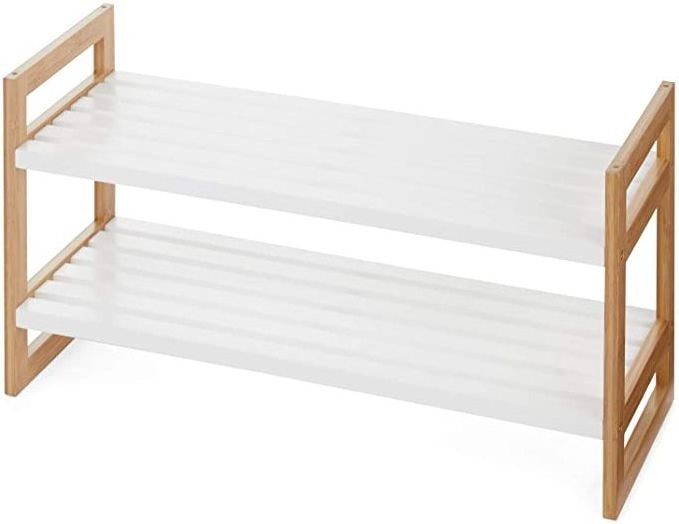 Combohome 2-Tier White Wooden Bamboo Shoe Rack Utility Storage Organizer