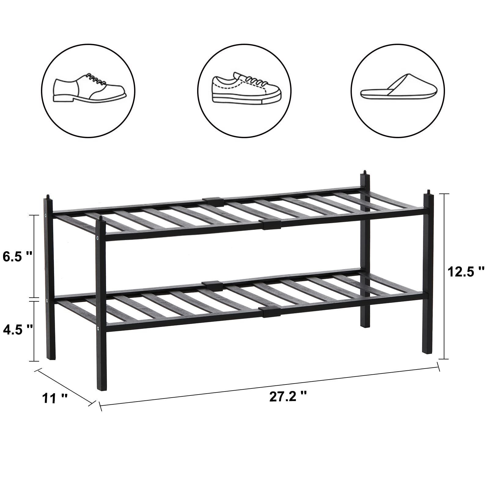 Combohome  Bamboo Small Shoe Racks  2 Tier Stackable Shoe Shelf   Free  Standing Sturdy Black Shoes Organizers for Entryway