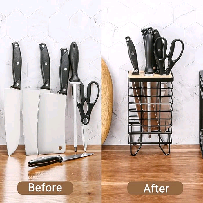 Combohome Hollow Out Stainless Steel Knife Block Holder Wood Metal Universal Kitchen Knife Rack Dry Storage Stand