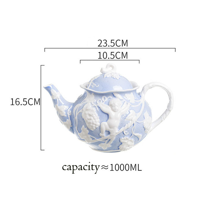 Retail British Angel Embossed Retro Palace Style Porcelain Coffee Tea Set Ceramic Kettle Pot And Coffee Cup Set