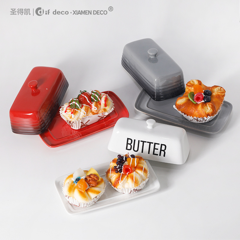 Customized Ceramic Cake Cheese Keeper Plate Butter Holder Dish With Lid Household Restaurant