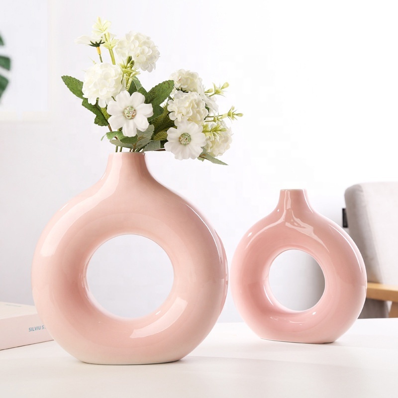 Nature Nordic Porcelain Circle Ceramic Vase Table Decorative Hollow Donut White Flower Vase for Interior Decorations Home Decor