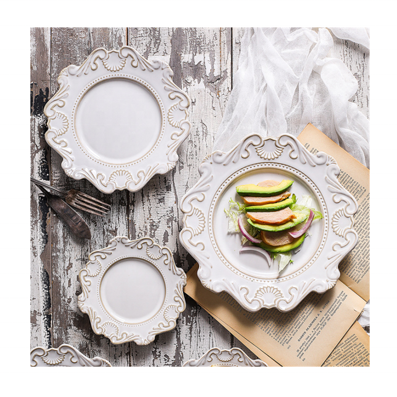 Factory custom romantic white embossed lace design ceramic luncheon steak dinner platter plates luxury plate