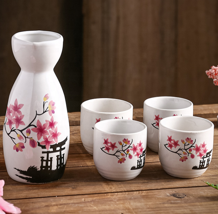 Japanese Ceramic sake wine bottle set a pot of four cups gift box