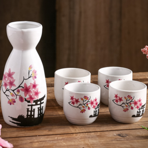 Japanese Ceramic sake wine bottle set a pot of four cups gift box