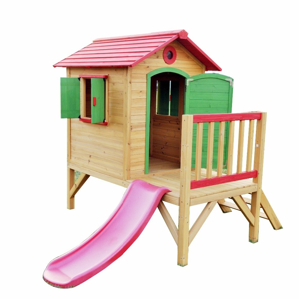 Sale Cheap Kids Waterproof Wooden Children Playhouse pink with Slide