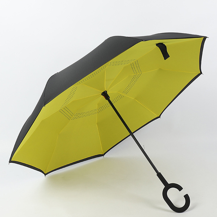 Wholesale smart umbrella windproof double layer Inverted Reverse Umbrella with C-Shaped Handle custom logo