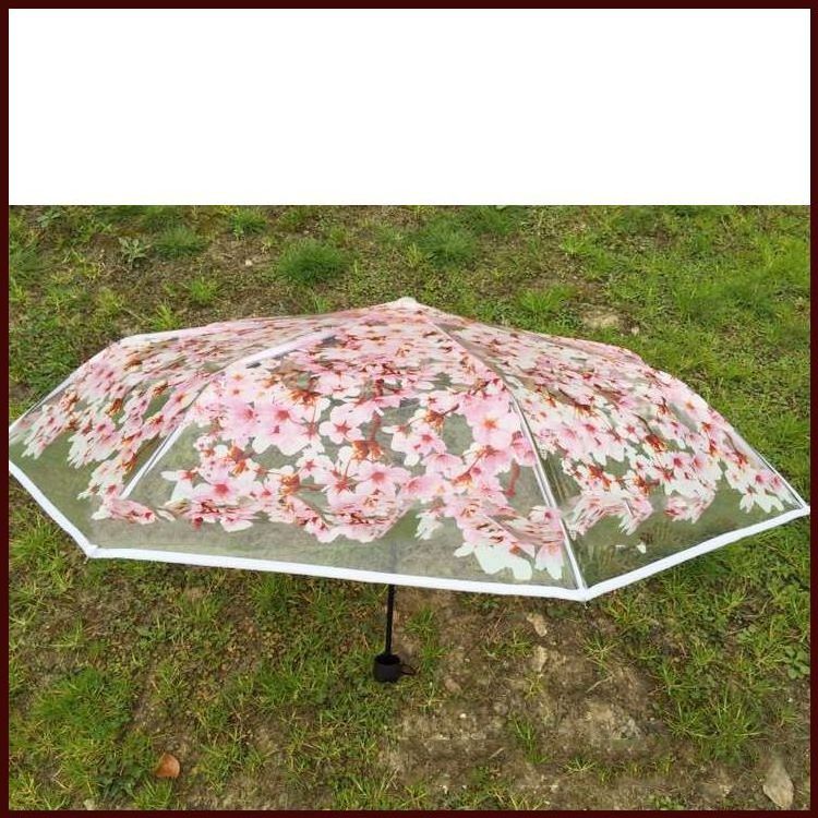 Ladies 3 Fold Folding Transparent Clear Cherry Blossom Mushroom Apollo Sakura Umbrella Parasol Pink Flowers Pattern Umbrella