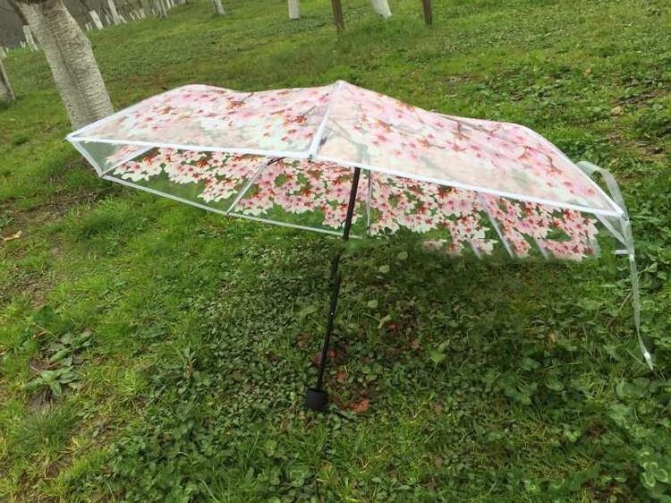 Ladies 3 Fold Folding Transparent Clear Cherry Blossom Mushroom Apollo Sakura Umbrella Parasol Pink Flowers Pattern Umbrella