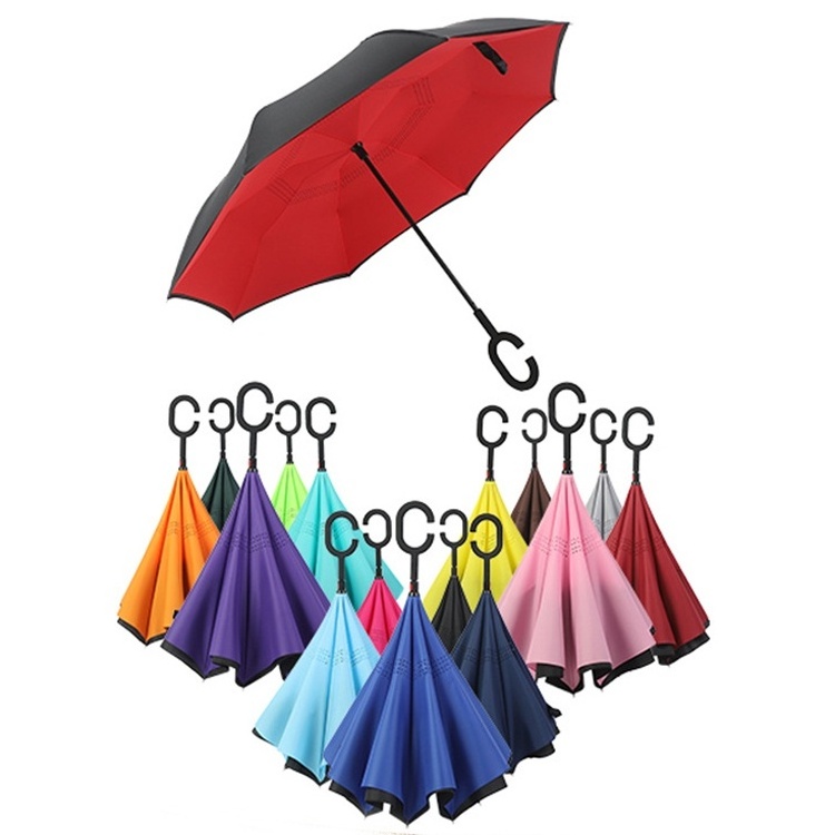 Customized logo outdoor waterproof windproof  inside out C handle double layer inverted umbrella