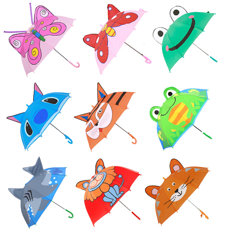 Straight rod umbrella hand open cheap print cartoon children custom 3d animal J handle lightweight children umbrella class