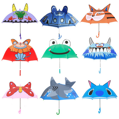 Straight rod umbrella hand open cheap print cartoon children custom 3d animal J handle lightweight children umbrella class