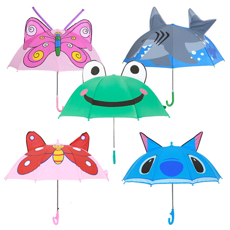 Straight rod umbrella hand open cheap print cartoon children custom 3d animal J handle lightweight children umbrella class