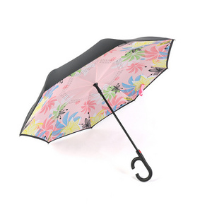 C handle automatic open reverse umbrella to increase wind resistance umbrella with flowers