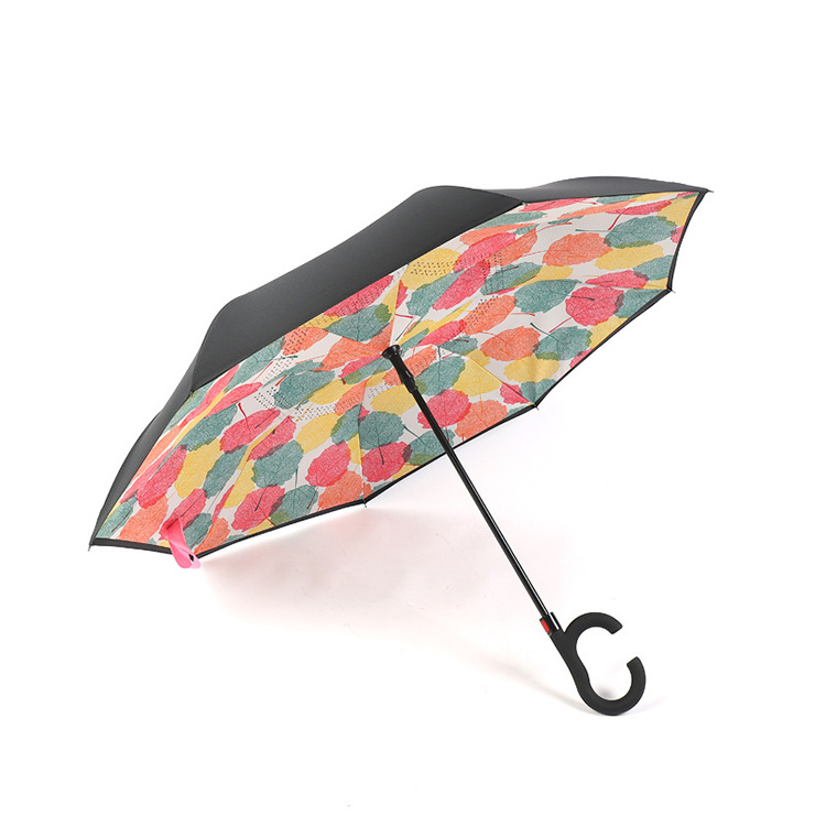 C handle automatic open reverse umbrella to increase wind resistance umbrella with flowers