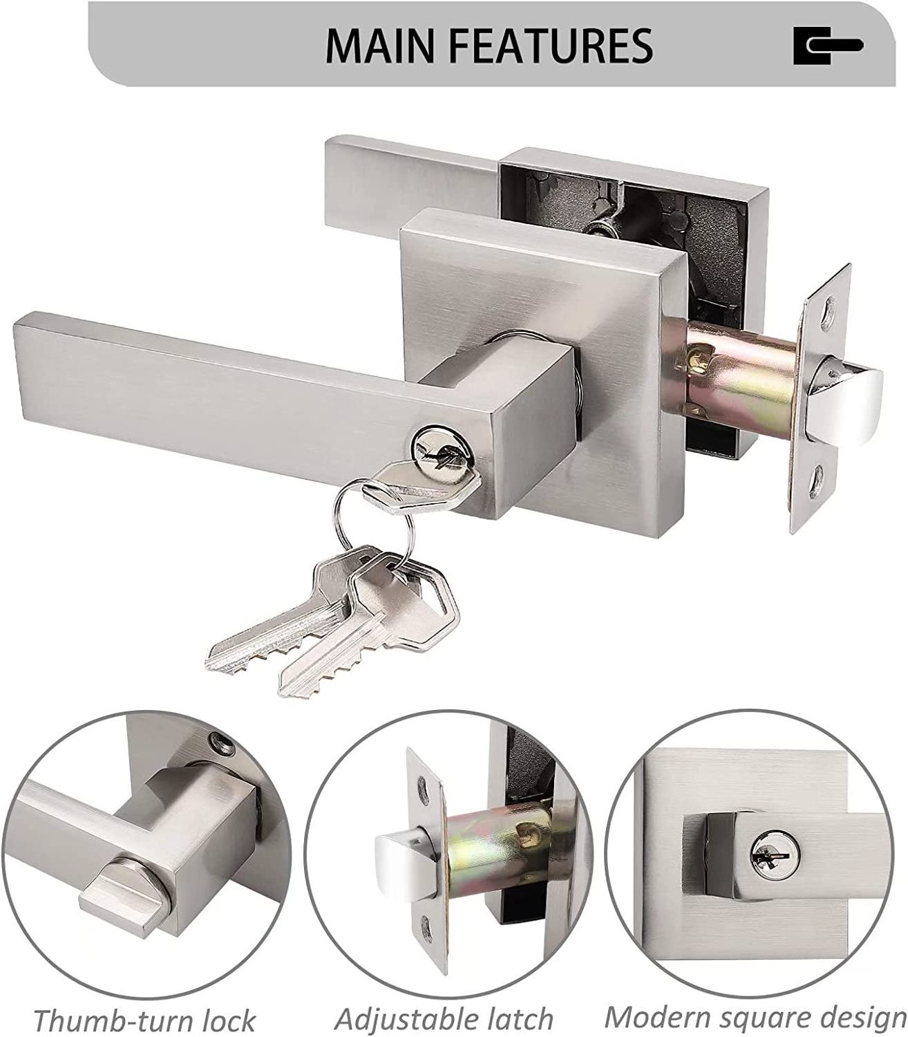 American Mechanism door knob Door  Lever handle  Satin Nickel Interior,Square Entry , Passage, Door Lock Handle with Keys