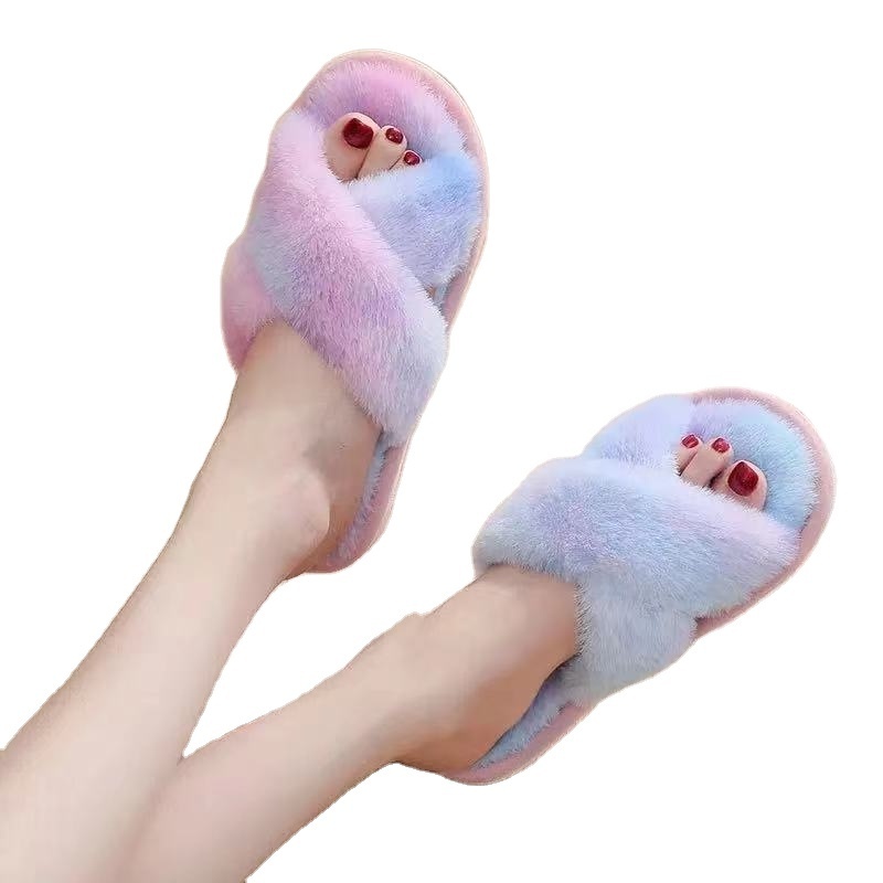 Cross band winter fluffy Plush Faux Fur Indoor And Outdoor Floor Slippers flat soft fur ladies flip-flops Slippers Sneaker