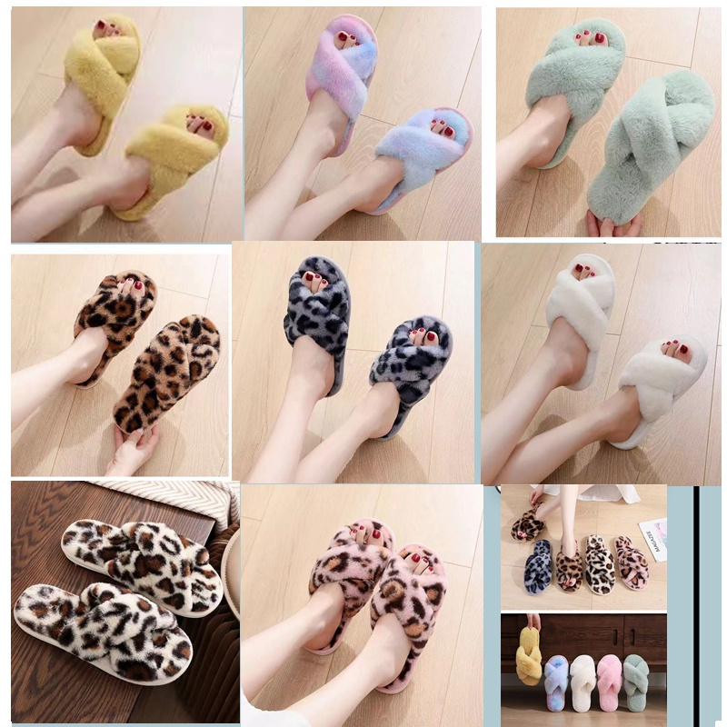 Cross band winter fluffy Plush Faux Fur Indoor And Outdoor Floor Slippers flat soft fur ladies flip-flops Slippers Sneaker