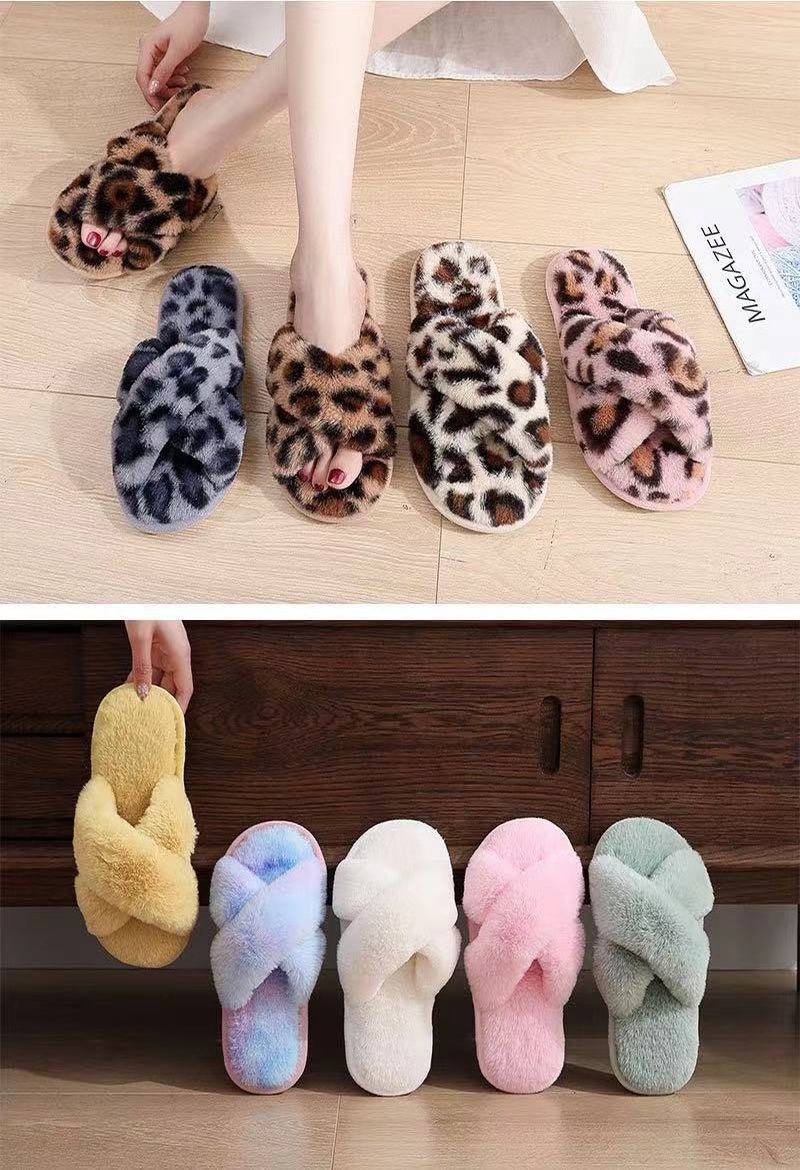 Cross band winter fluffy Plush Faux Fur Indoor And Outdoor Floor Slippers flat soft fur ladies flip-flops Slippers Sneaker