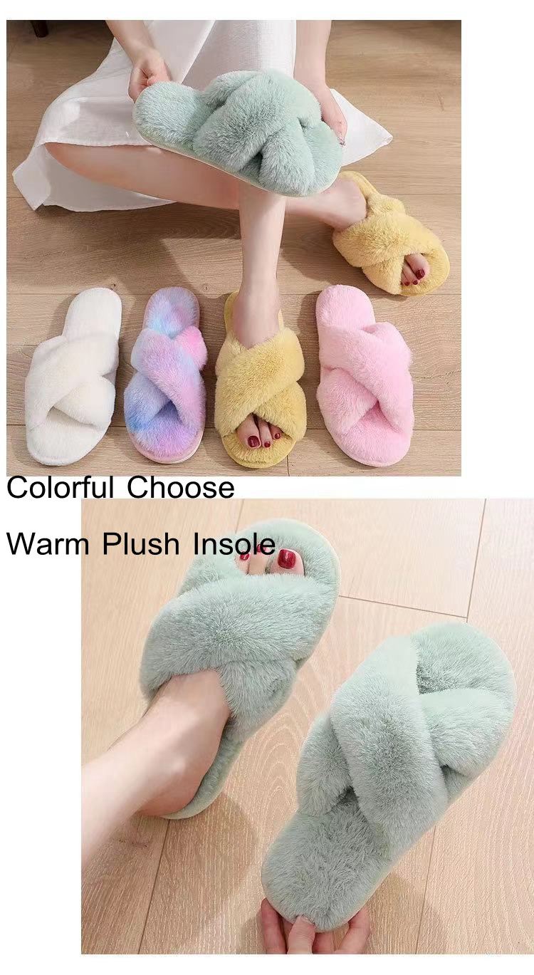 Cross band winter fluffy Plush Faux Fur Indoor And Outdoor Floor Slippers flat soft fur ladies flip-flops Slippers Sneaker