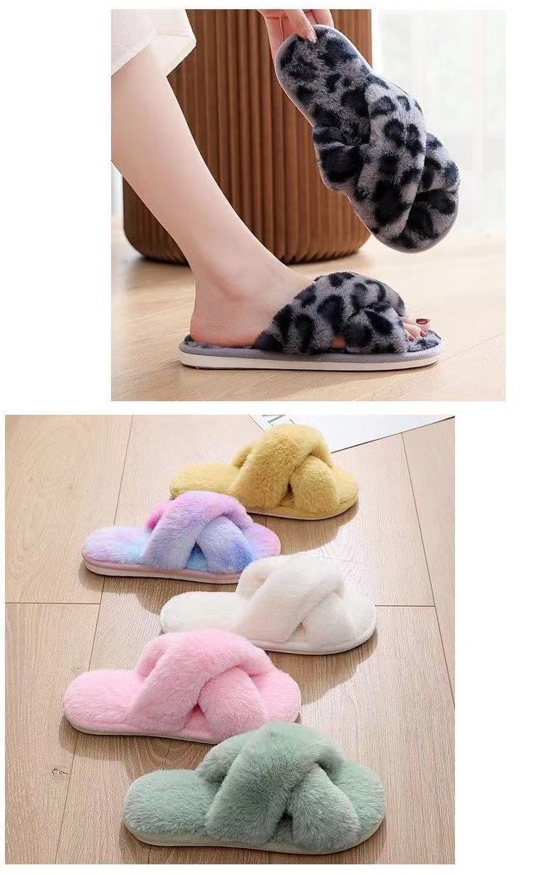 Cross band winter fluffy Plush Faux Fur Indoor And Outdoor Floor Slippers flat soft fur ladies flip-flops Slippers Sneaker