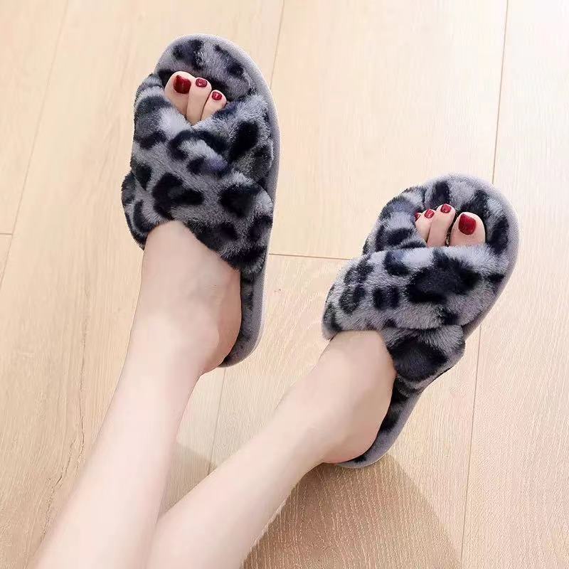 Cross band winter fluffy Plush Faux Fur Indoor And Outdoor Floor Slippers flat soft fur ladies flip-flops Slippers Sneaker