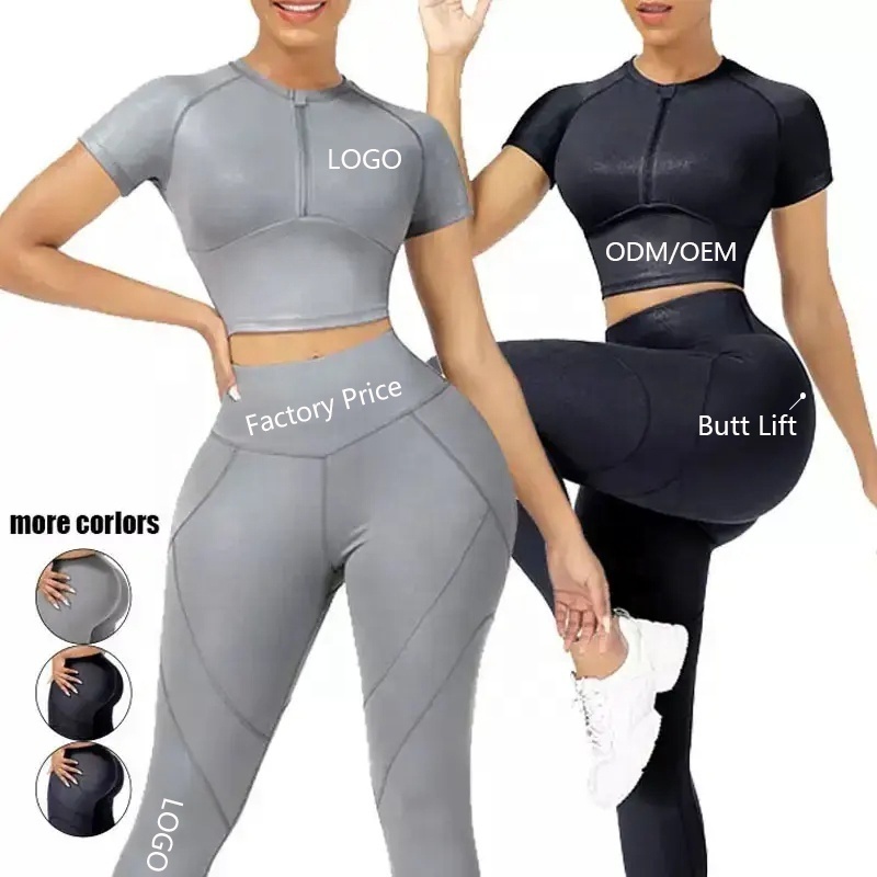 Custom Design Plus Size Yoga Wear Workout Women Yoga 2 Piece Gym Fitness Set Sportswear High Waist Legging Zip Up Shirt Bra Sets