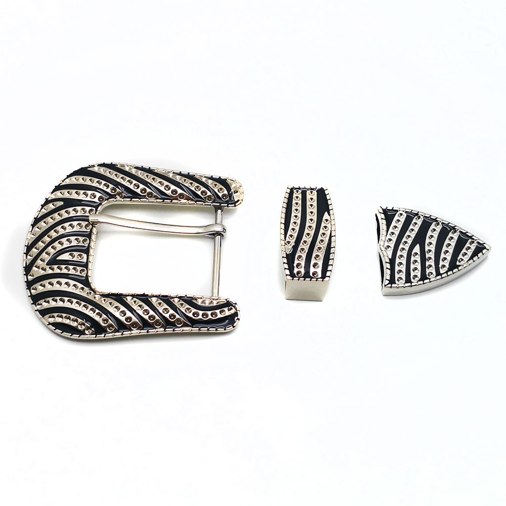 High quality inner width 33mm 40mm  zinc alloy crystal rhinestones 3pcs single prong pin belt buckle set for men