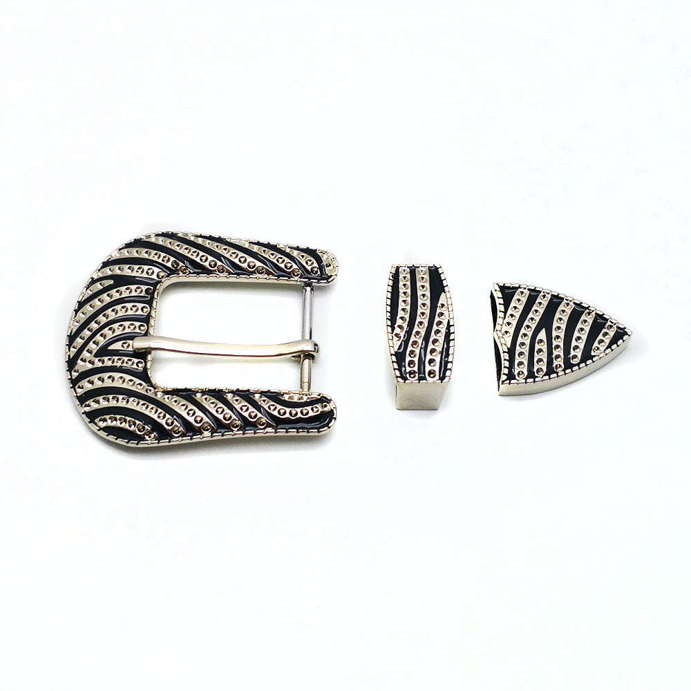 High quality inner width 33mm 40mm  zinc alloy crystal rhinestones 3pcs single prong pin belt buckle set for men