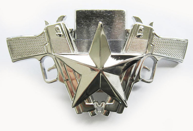 40mm 3D embossed two guns star shape fire lighter belt buckle factory,custom fire lighter belt buckle